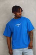 Unisex Oversize Baskılı Bisiklet Yaka T-Shirt - Mavi resmi