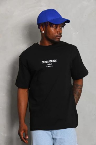 Unisex Oversize Baskılı Bisiklet Yaka T-Shirt - Siyah resmi