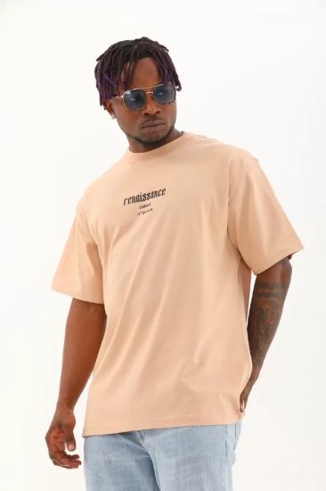 Unisex Oversize Baskılı Bisiklet Yaka T-Shirt - Bej resmi