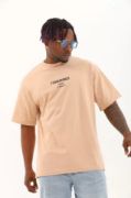 Unisex Oversize Baskılı Bisiklet Yaka T-Shirt - Bej resmi