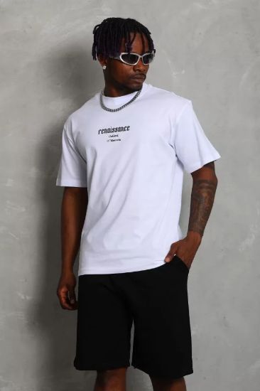Unisex Oversize Baskılı Bisiklet Yaka T-Shirt - Beyaz resmi