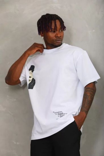 Unisex Oversize Baskılı Bisiklet Yaka T-Shirt - Beyaz resmi