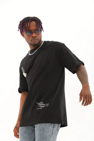 Unisex Oversize Baskılı Bisiklet Yaka T-Shirt - Siyah resmi