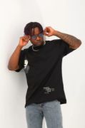 Unisex Oversize Baskılı Bisiklet Yaka T-Shirt - Siyah resmi