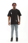 Unisex Oversize Baskılı Bisiklet Yaka T-Shirt - Siyah resmi