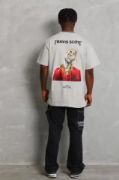 Unisex Oversize Baskılı Bisiklet Yaka T-Shirt - Gri resmi