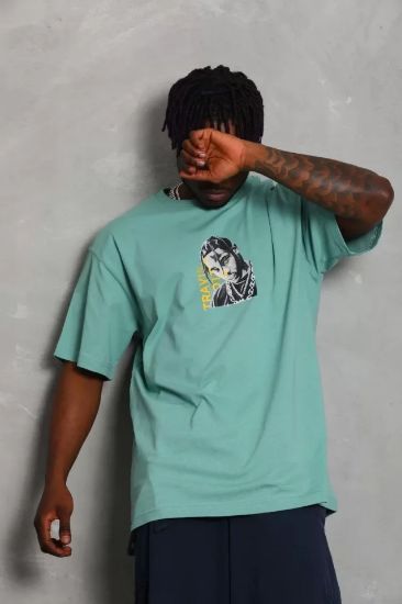Unisex Oversize Baskılı Bisiklet Yaka T-Shirt - Mint Yeşili resmi