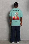 Unisex Oversize Baskılı Bisiklet Yaka T-Shirt - Mint Yeşili resmi