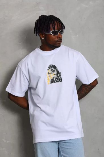 Unisex Oversize Baskılı Bisiklet Yaka T-Shirt - Beyaz resmi