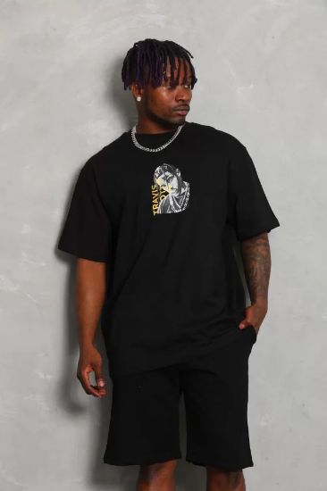 Unisex Oversize Baskılı Bisiklet Yaka T-Shirt - Siyah resmi