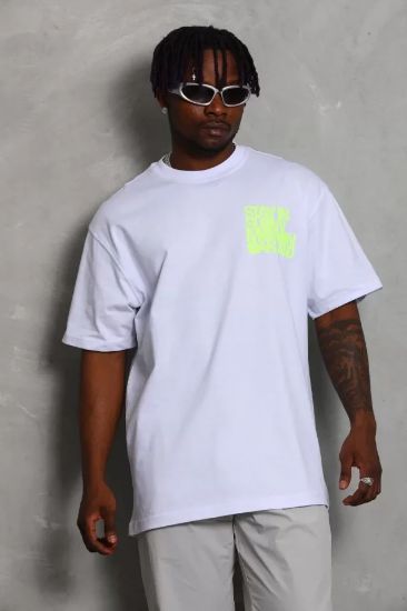 Unisex Oversize Baskılı Bisiklet Yaka T-Shirt - Beyaz resmi