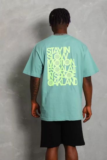Unisex Oversize Baskılı Bisiklet Yaka T-Shirt - Mint Yeşili resmi