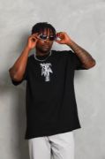 Unisex Oversize Baskılı Bisiklet Yaka T-Shirt - Siyah resmi