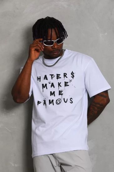 Unisex Oversize Baskılı Bisiklet Yaka T-Shirt - Beyaz resmi