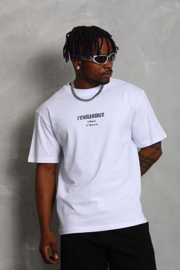 Unisex Oversize Baskılı Bisiklet Yaka T-Shirt - Beyaz resmi
