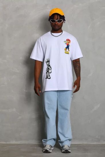 Unisex Oversize Baskılı Bisiklet Yaka T-Shirt - Beyaz resmi