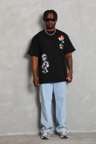 Unisex Oversize Baskılı Bisiklet Yaka T-Shirt - Siyah resmi