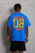Unisex Oversize Baskılı Bisiklet Yaka T-Shirt - Mavi resmi