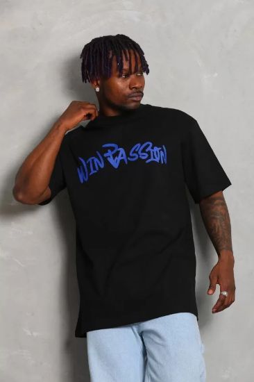 Unisex Oversize Baskılı Bisiklet Yaka T-Shirt - Siyah resmi