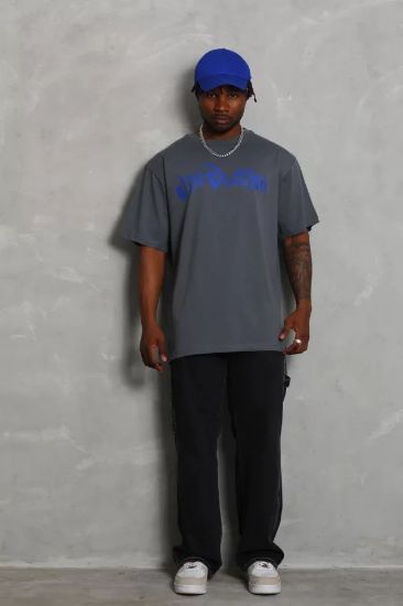 Unisex Oversize Baskılı Bisiklet Yaka T-Shirt - Füme resmi