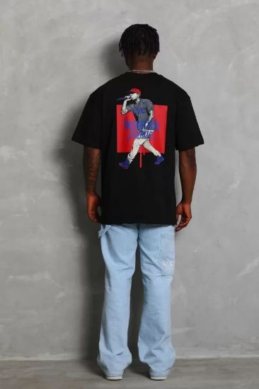 Unisex Oversize Baskılı Bisiklet Yaka T-Shirt - Siyah resmi