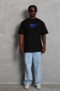 Unisex Oversize Baskılı Bisiklet Yaka T-Shirt - Siyah resmi