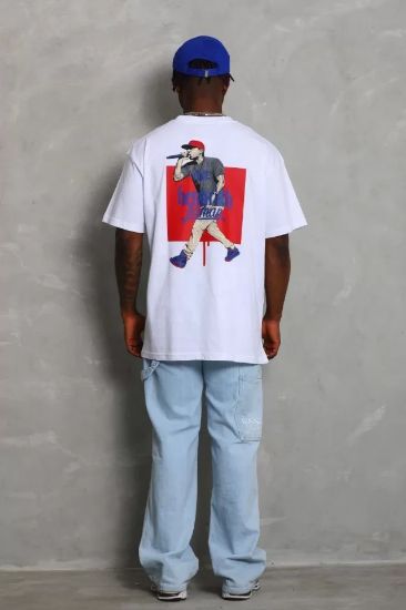 Unisex Oversize Baskılı Bisiklet Yaka T-Shirt - Beyaz resmi