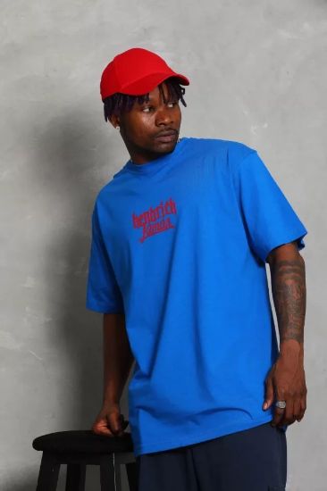 Unisex Oversize Baskılı Bisiklet Yaka T-Shirt - Mavi resmi