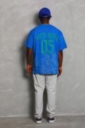 Unisex Oversize Baskılı Bisiklet Yaka T-Shirt - Mavi resmi