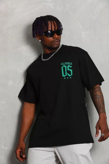 Unisex Oversize Baskılı Bisiklet Yaka T-Shirt - Siyah resmi