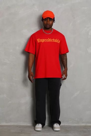 Unisex Oversize Baskılı Bisiklet Yaka T-Shirt - Kırmızı resmi