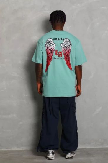 Unisex Oversize Baskılı Bisiklet Yaka T-Shirt - Mint Yeşili resmi