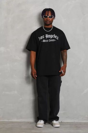Unisex Oversize Baskılı Bisiklet Yaka T-Shirt - Siyah resmi