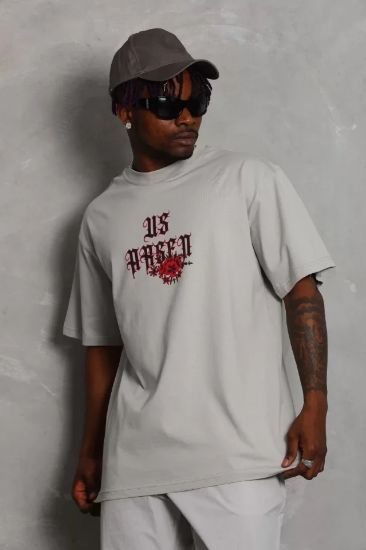 Unisex Oversize Baskılı Bisiklet Yaka T-Shirt - Gri resmi