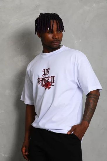 Unisex Oversize Baskılı Bisiklet Yaka T-Shirt - Beyaz resmi