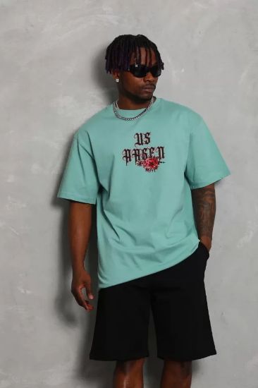 Unisex Oversize Baskılı Bisiklet Yaka T-Shirt - Mint Yeşili resmi