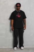 Unisex Oversize Baskılı Bisiklet Yaka T-Shirt - Siyah resmi