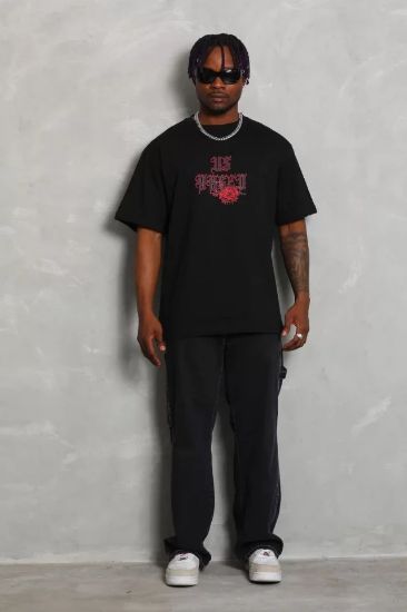 Unisex Oversize Baskılı Bisiklet Yaka T-Shirt - Siyah resmi