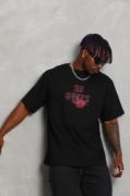 Unisex Oversize Baskılı Bisiklet Yaka T-Shirt - Siyah resmi
