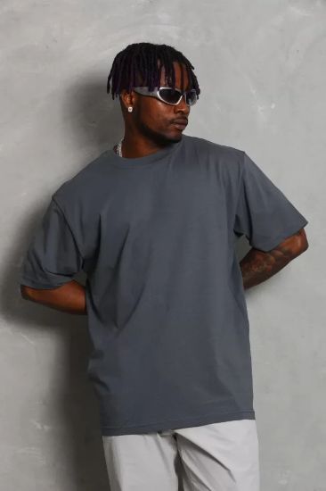 Unisex Oversize Düz Bisiklet Yaka T-Shirt - Füme resmi