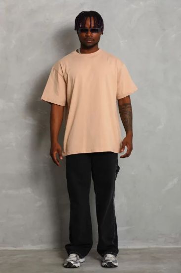 Unisex Oversize Düz Bisiklet Yaka T-Shirt - Bej resmi
