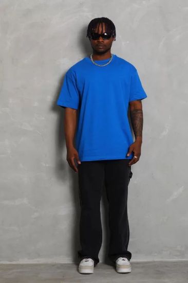 Unisex Oversize Düz Bisiklet Yaka T-Shirt - Mavi resmi
