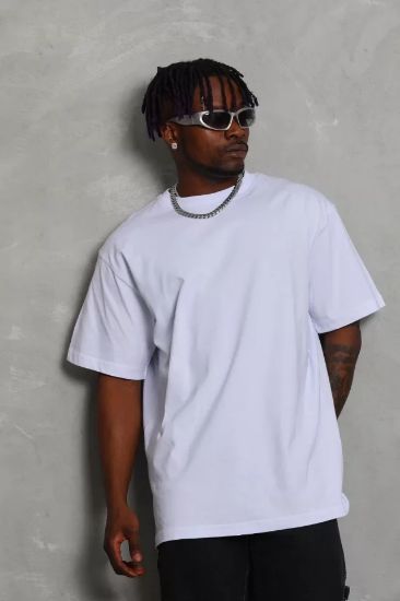 Unisex Oversize Düz Bisiklet Yaka T-Shirt - Beyaz resmi