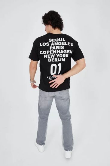 Erkek Bisiklet Yakalı Baskılı T-Shirt - Siyah resmi