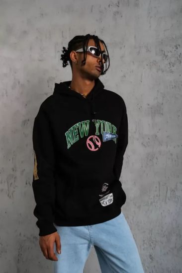 Erkek Baskılı Kapüşonlu Sweatshirt - Siyah resmi