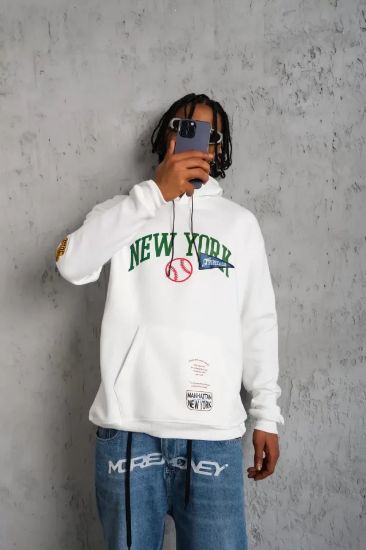 Erkek Baskılı Kapüşonlu Sweatshirt - Beyaz resmi
