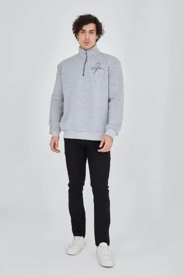 Erkek Yarım Fermuarlı Baskılı Sweat - Gri resmi