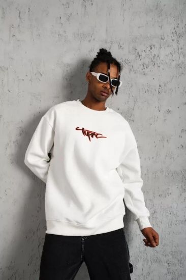 Erkek 3 İplik Gangster Baskılı Sweatshirt - Beyaz resmi