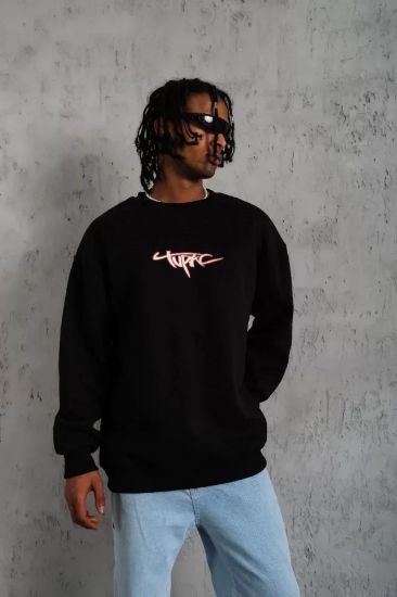 Erkek 3 İplik Gangster Baskılı Sweatshirt - Siyah resmi