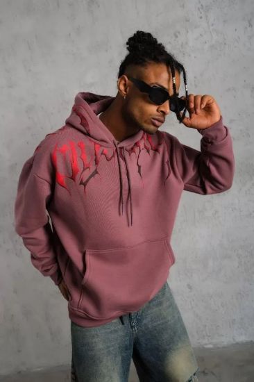 Erkek Ön Ve Arka Baskılı Kapüşonlu 3 İplik Sweatshirt - Gül Kurusu resmi